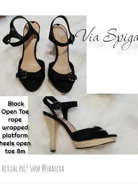 Via Spiga Open Toe Espadrille rope wrap leather platform heels black cream 8
